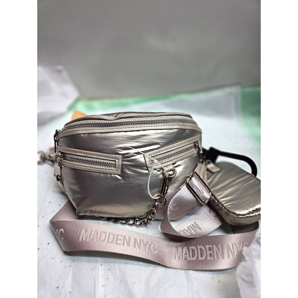 Madden NYC Metallic Silver Crescent Crossbody Bag Zip Pouch Adjustable Strap